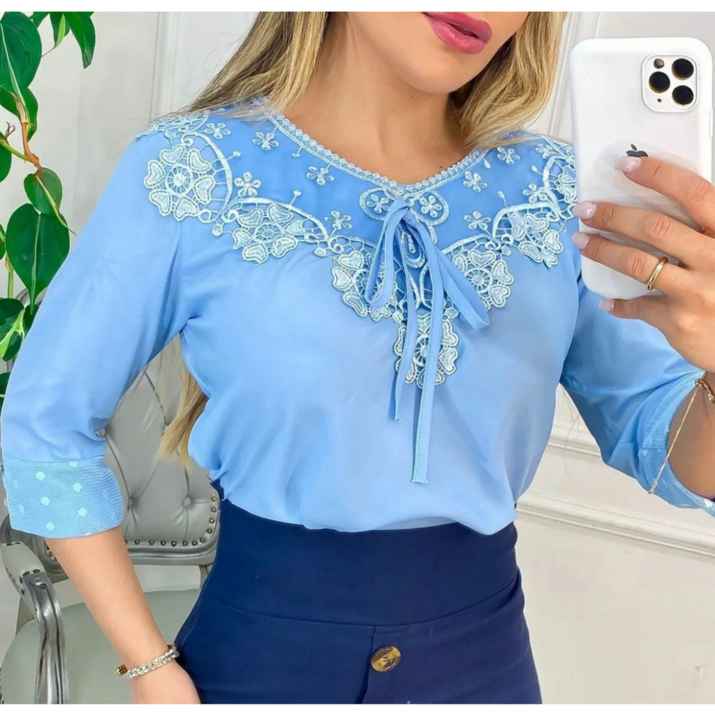 Blusa Helena – Manga 3/4 com Detalhe em Tule