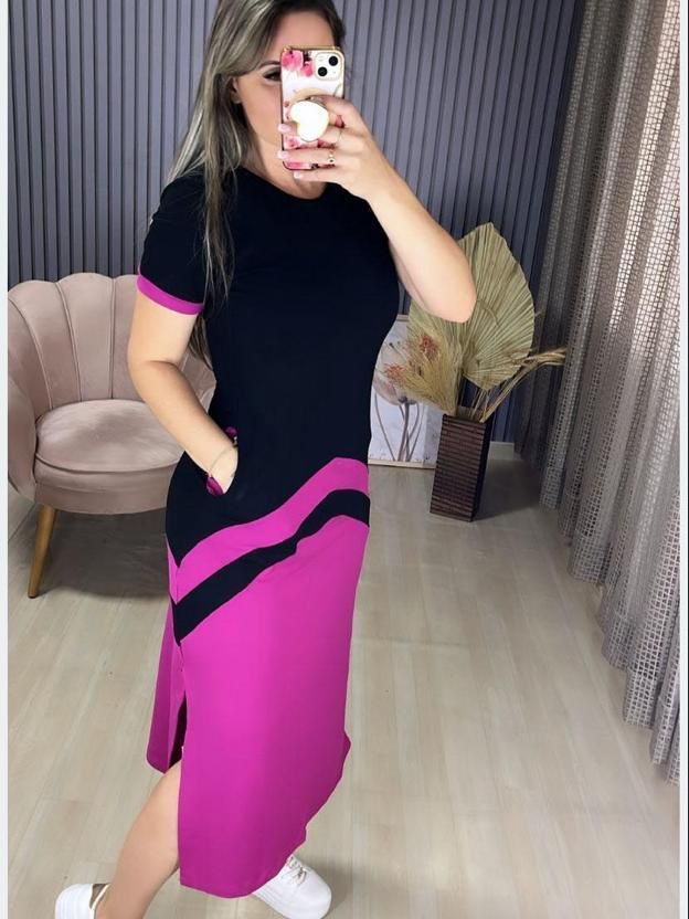 Vestido Isabela Midi Casual Manga Curta Bolso Lateral