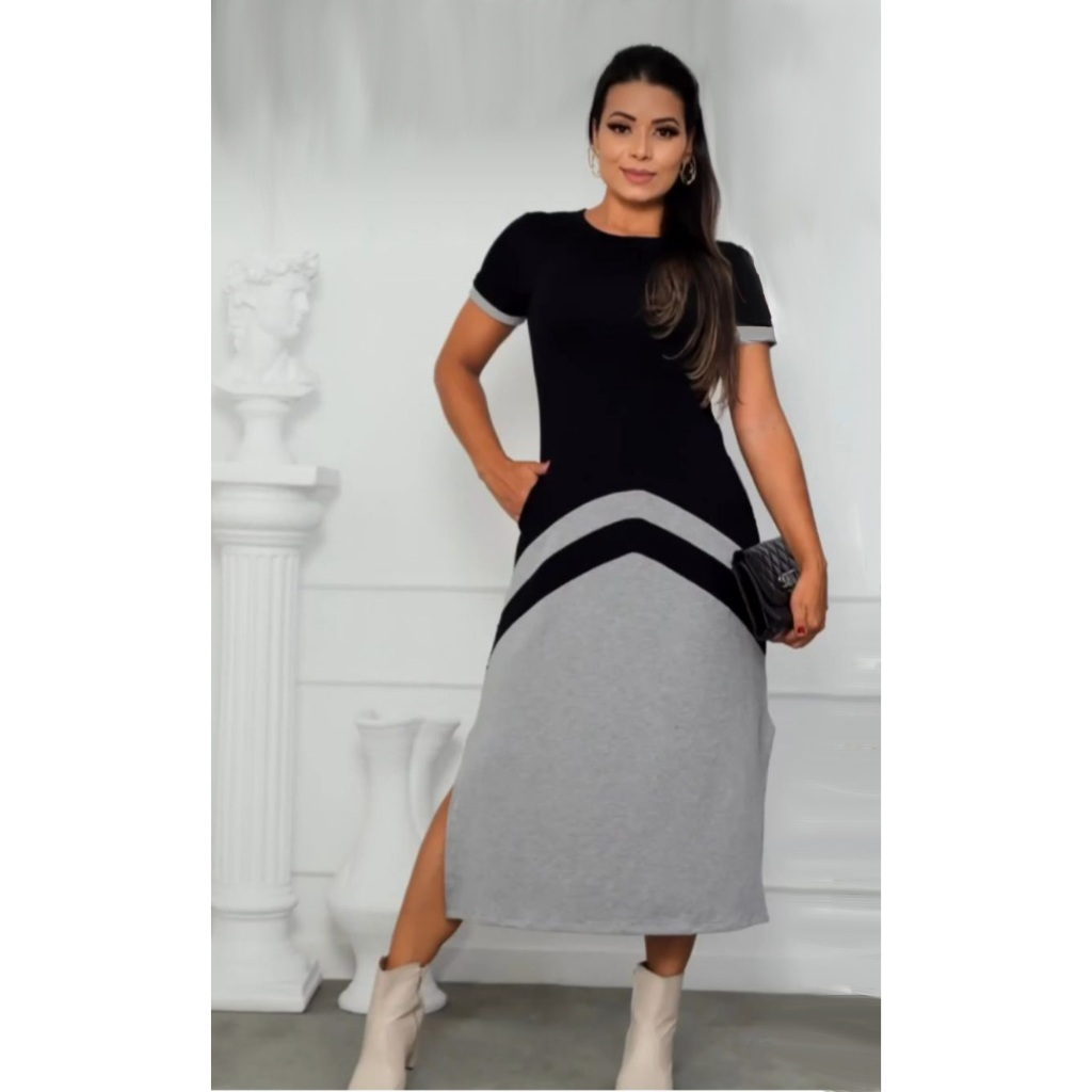 Vestido Isabela Midi Casual Manga Curta Bolso Lateral
