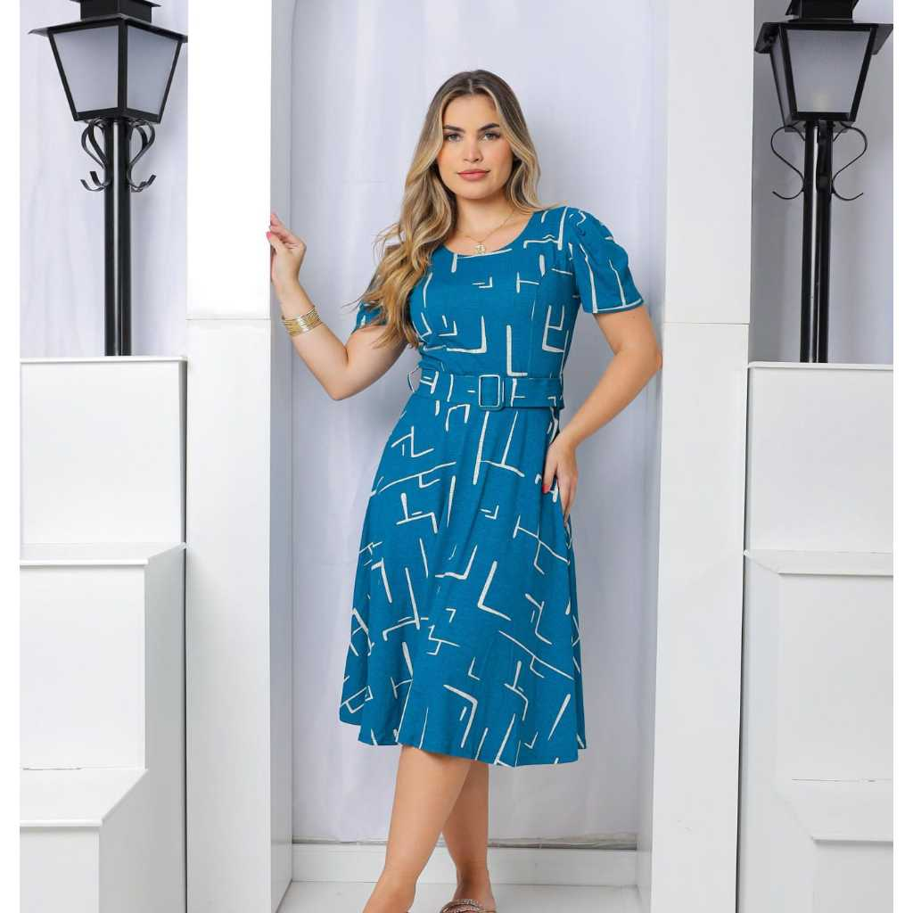 Vestido Helena Mídi Evangélico Manga Bufante Gola Redonda com Cinto