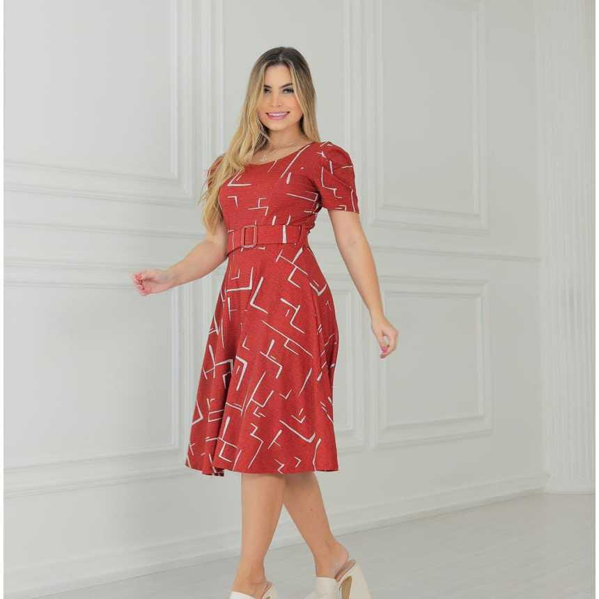 Vestido Helena Mídi Evangélico Manga Bufante Gola Redonda com Cinto