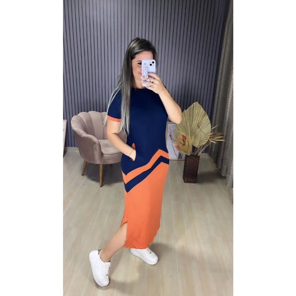 Vestido Isabela Midi Casual Manga Curta Bolso Lateral