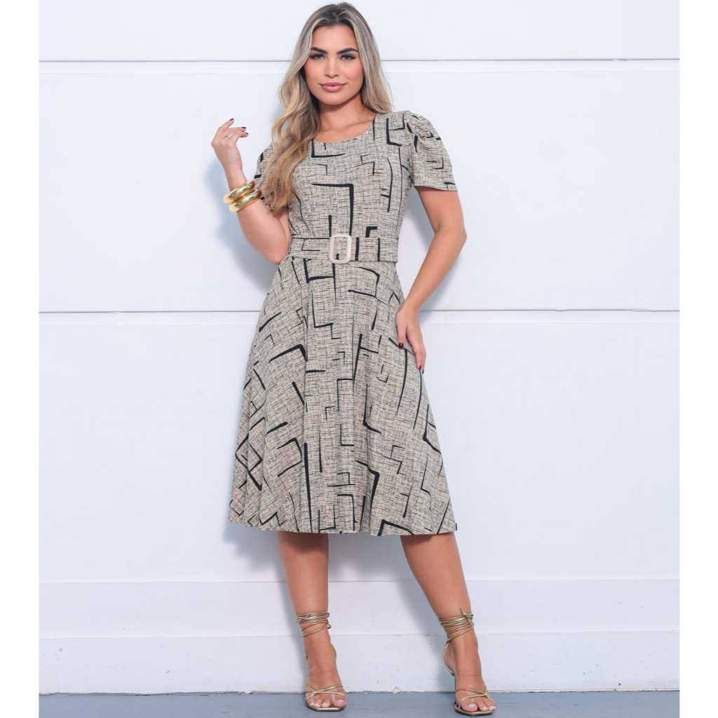 Vestido Helena Mídi Evangélico Manga Bufante Gola Redonda com Cinto