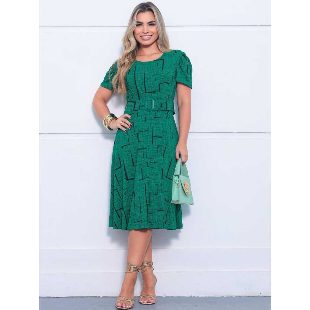 Vestido Helena Mídi Evangélico Manga Bufante Gola Redonda com Cinto