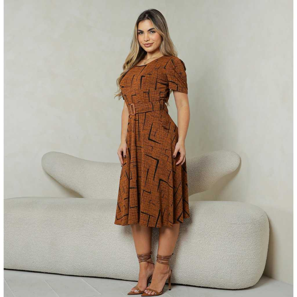 Vestido Helena Mídi Evangélico Manga Bufante Gola Redonda com Cinto