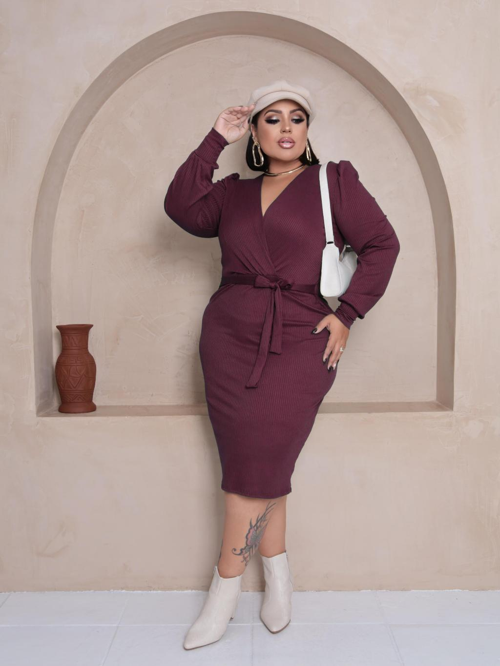 Vestido Alícia Midi Manga Longa Bufante Decote Transpassado Amamentação Inverno