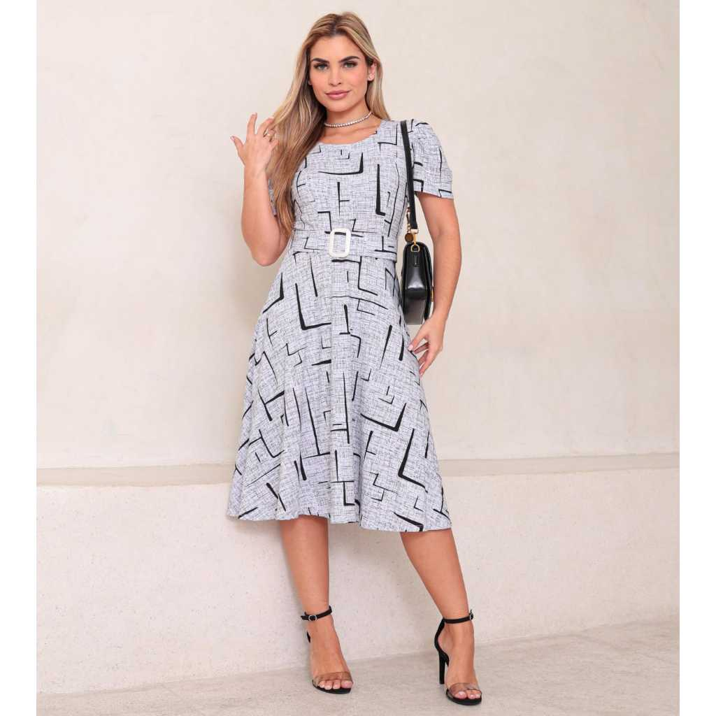 Vestido Helena Mídi Evangélico Manga Bufante Gola Redonda com Cinto