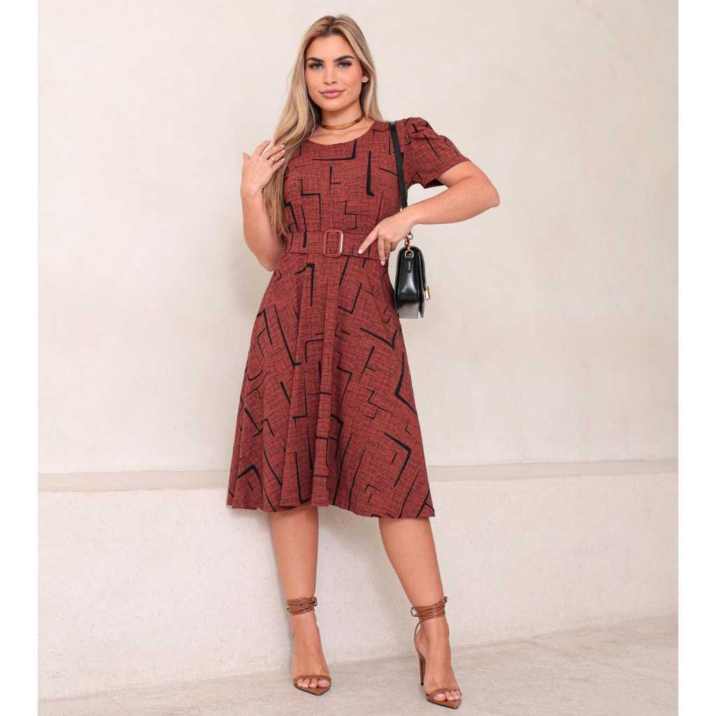 Vestido Helena Mídi Evangélico Manga Bufante Gola Redonda com Cinto