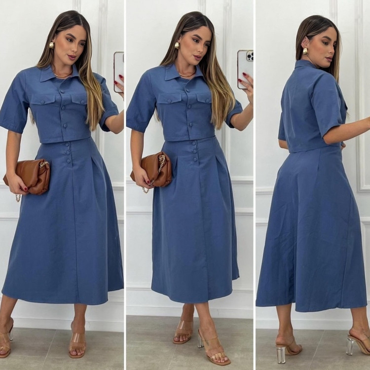 Conjunto Aveline Saia Midi e Blusa Linho